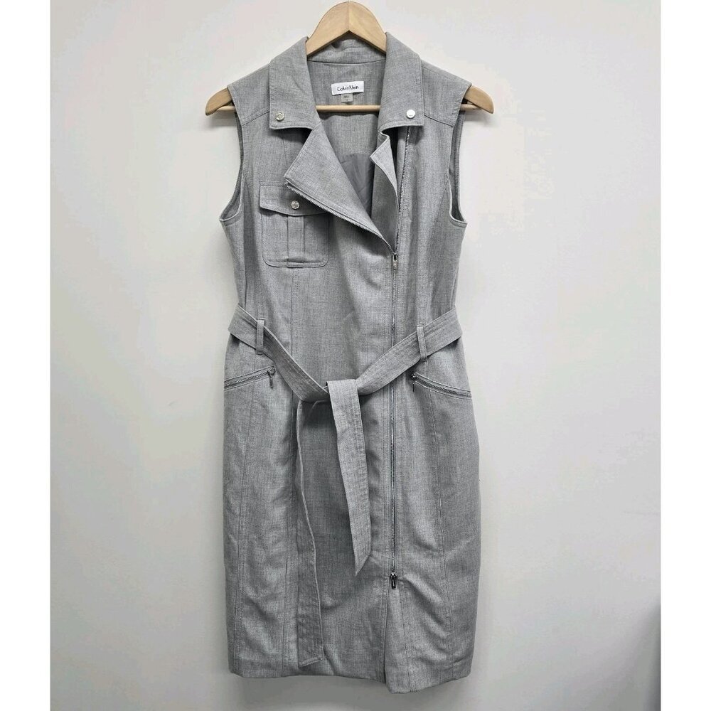 Calvin Klein Cross Dyed Lux Moto Dress Belted Sheath Dress Size 12 Office Modern